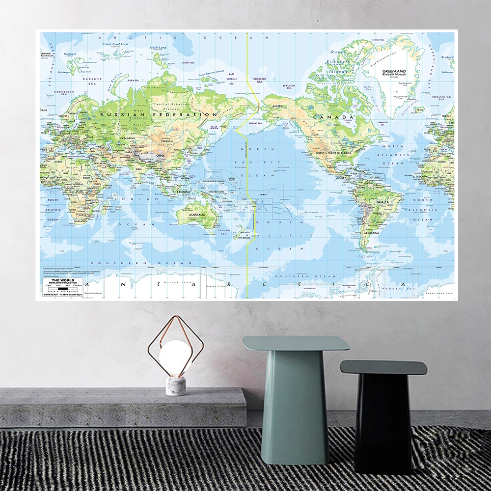 

225*150cm The World terrain Map Large Wall Art Poster Non-woven Canvas Painting Kids School Supplies Classroom Home Decor