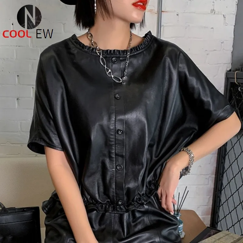 

Harajuku Women New Loose Fit Half Batwing Sleeve Sheepskin Genuine Leather Jacket Streetwear O Neck Ruffles Tops Outwear Blouse