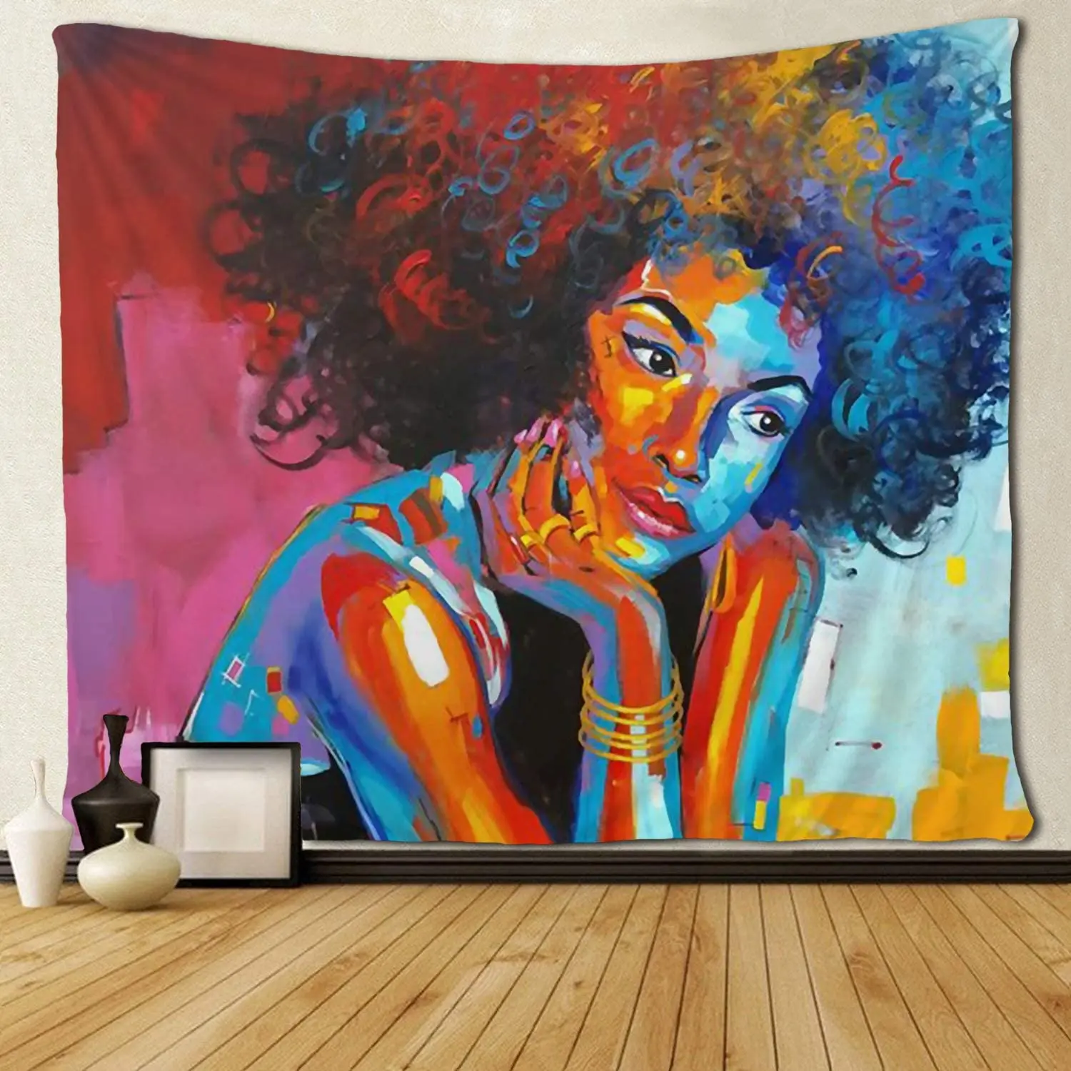 

African American Lovers Couple Oil Painting Tapestries Wall Art Hippie Bedroom Living Room Dorm Wall Hanging