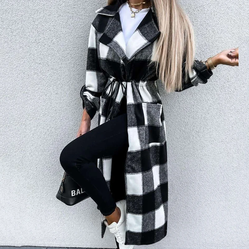 

Winter Warm Plaid Print Long Wool Coat Women Casual Loose Vintage Big Collar Outerwear Pocket Belt Overcoat Clothes Coats Jacket
