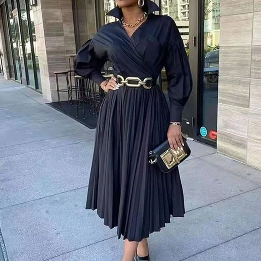 

Black Spring New Dress High Waist Female Long Maxi Robe Vestiods African Elegant Office Lady Work Wear Pleated Dresses With Belt