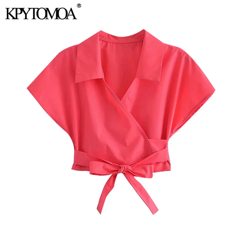 

KPYTOMOA Women 2021 Fashion Crossover Bow Tied Cropped Cozy Blouses Vintage V Neck Short Sleeve Female Shirts Chic Tops