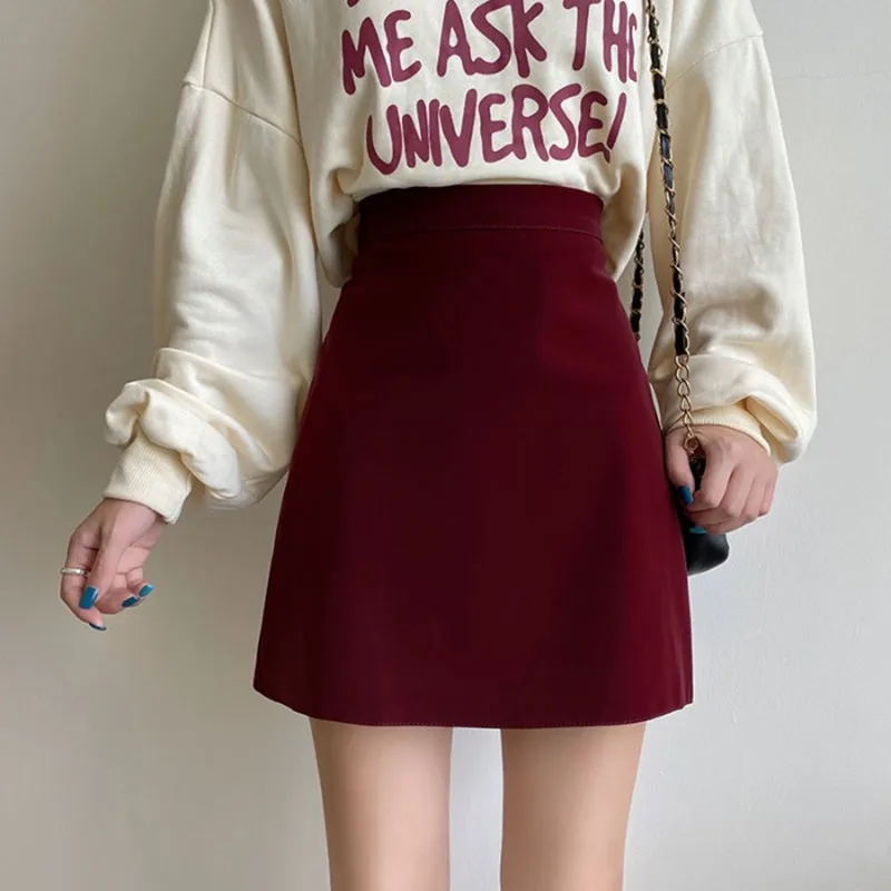 Модная темно-красная юбка из искусственной кожи Женская Осенняя винтажная