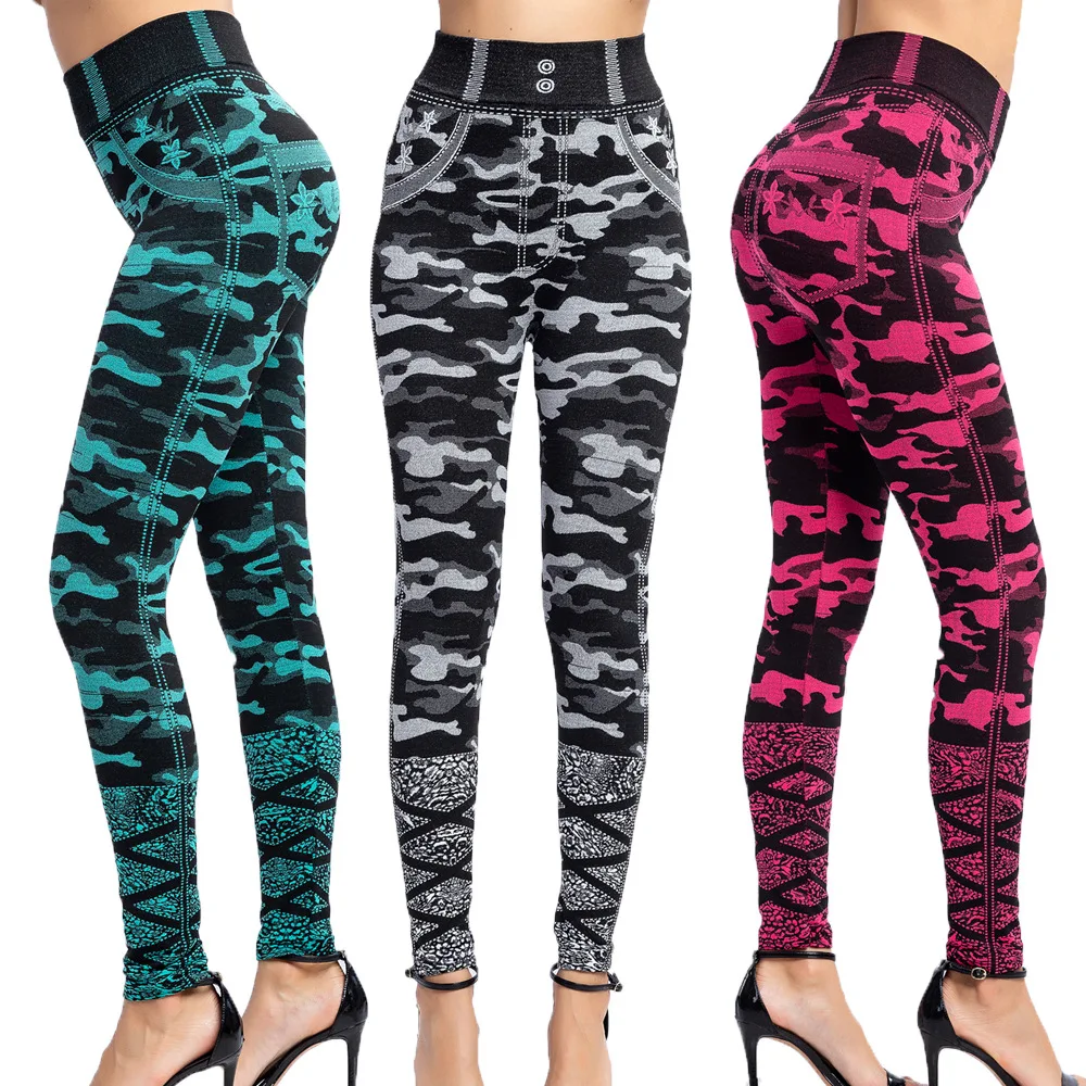 

2021 Women's Large High Waist Fake Jeans Fashion Camouflage Printing Imitation Pocket Pants Super Elastic Tight Imitation Jeans