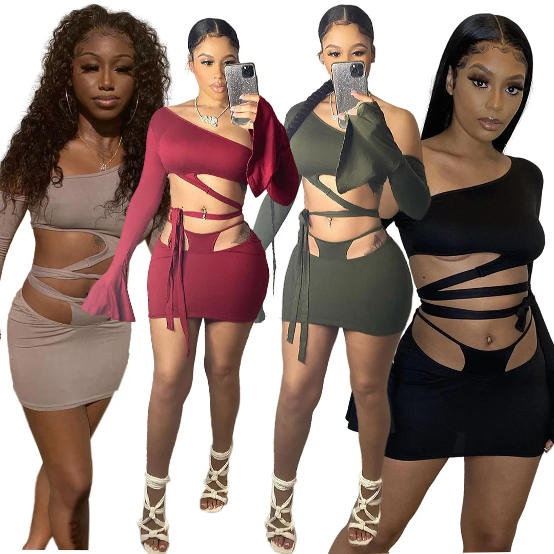 

Women's Solid Color Slanted Shoulder Flared Sleeve Lace-Up Skirt Two-Piece Suit