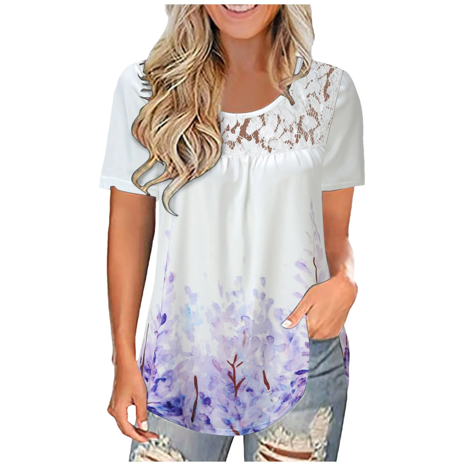 

Chiffon Women Blouse Women's Clothing Summer Short Sleeve Shirt Splicing O-neck Loose Lace Printing Women's Tops Blusas 2021 New
