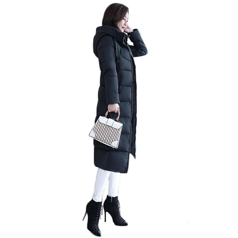 Женское зимнее пальто черная длинная свободная парка с капюшоном новинка 2018