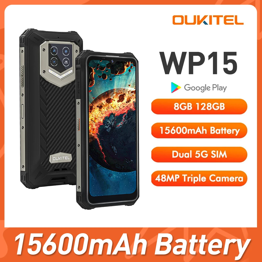 OUKITEL-teléfono inteligente WP15, resistente al agua, 15600mah, 8GB + 128GB, 6,5 pulgadas, Android 11, Triple CÁMARA DE 48MP, NFC, Octa Core
