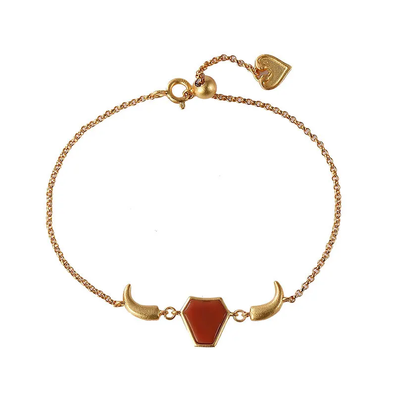 

S925 sterling silver gold plated Southern red agate National tide Cute cow Birth year Chinese zodiac cow Ladies Bracelet