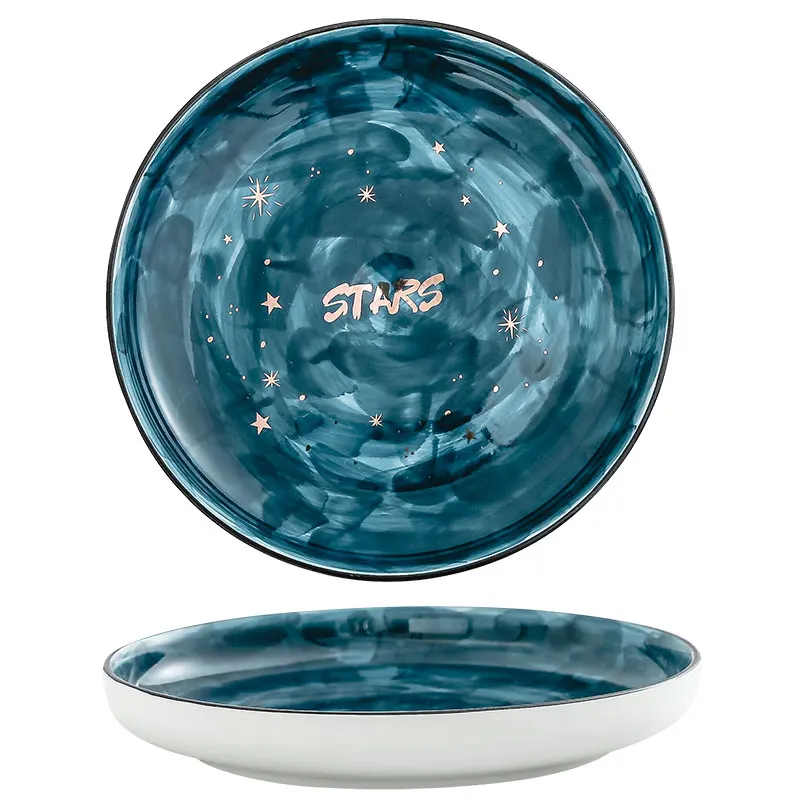 Фарфоровая керамическая тарелка с зелеными звездами и золотой инкрустацией для