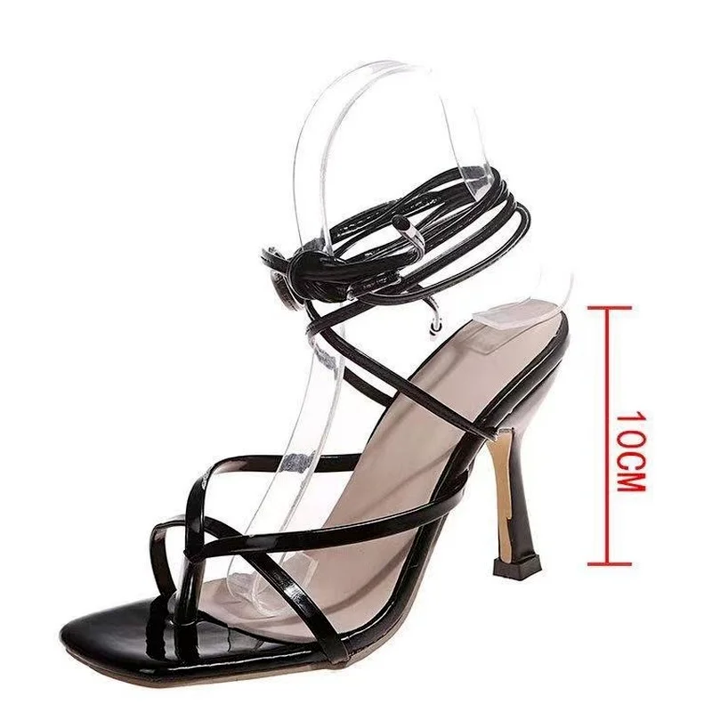 

2021 Summer Hot Sale Ladies Fashion Cross Strap Flip High Heel Sandals Square Toe Comfortable Stiletto Heel White Ladies Sandals