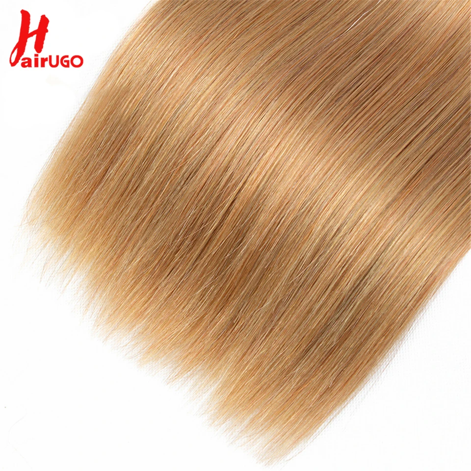 HairUGo волосы медовый блонд пряди с закрытием 27# бразильские волосы 3 пряди с закрытием прямые Remy натуральные кудрявые пучки волос