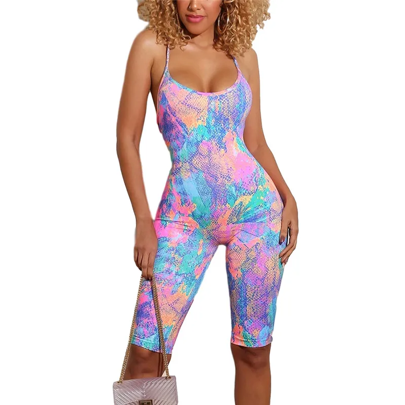 

Fashion Women Bodycon Skinny Jumpsuit Summer Casual Sport V-neck Tie-dye Print Sleeveless Backless Sling Jumpsuit Bodysuit