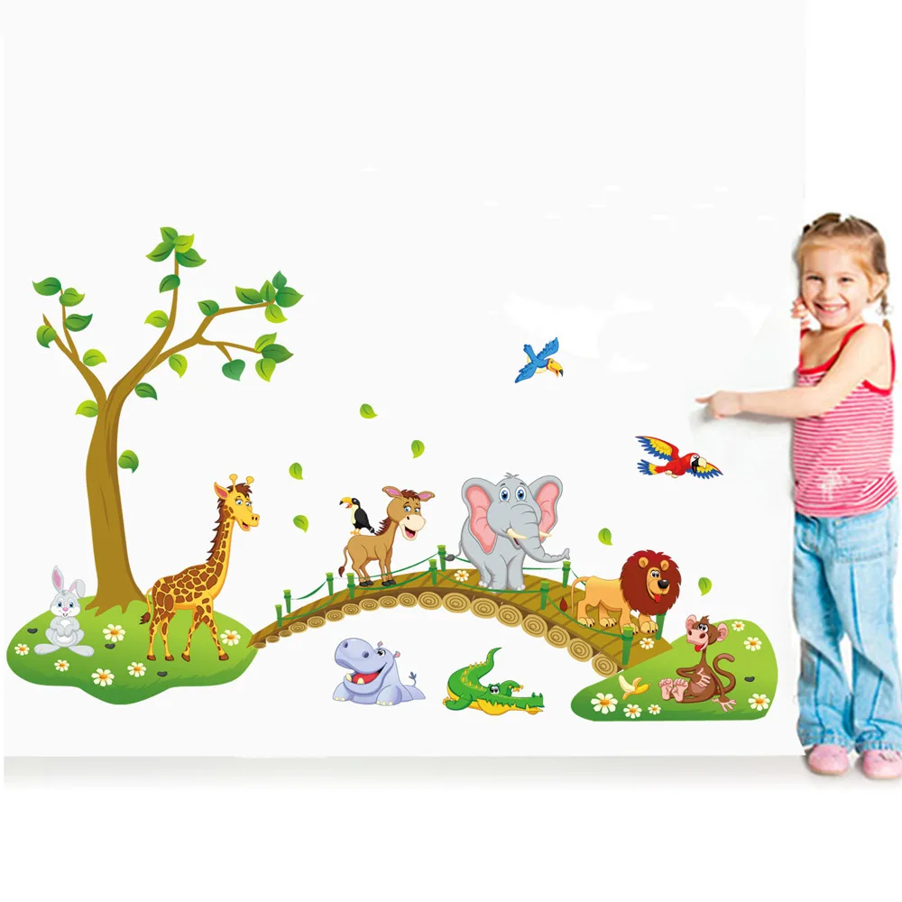 

3D Cartoon Jungle wild animal tree bridge lion Giraffe elephant birds flowers wall stickers for kids room living room home decor
