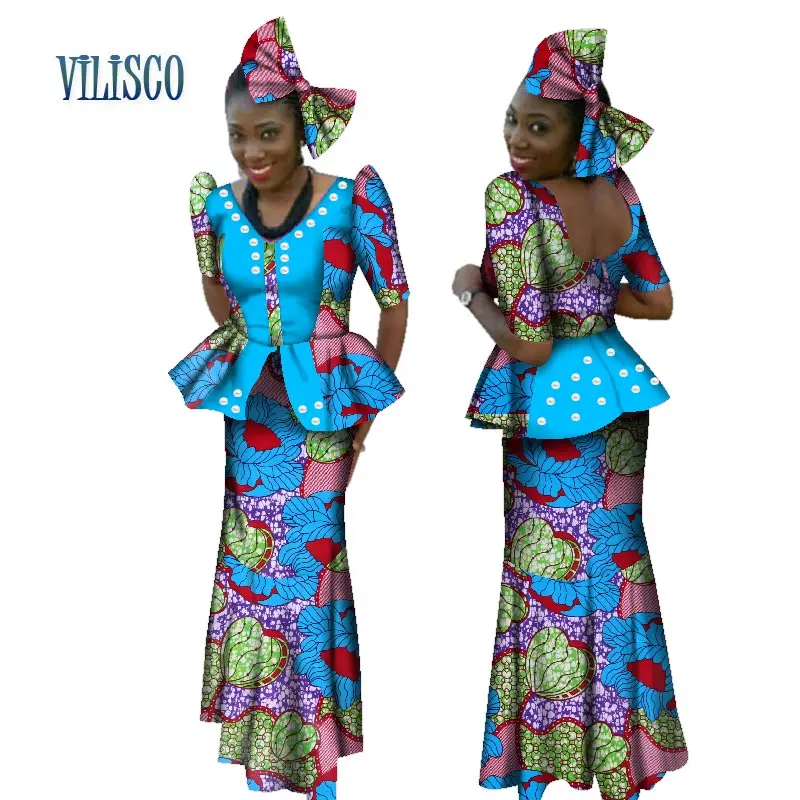 African Beads Tops and Skirt Sets Bow Knot for Women Bazin Riche Traditional African Print 2 Piece Skirt Sets Clothing WY072