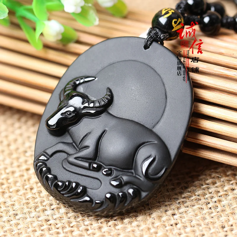 Ожерелье с бусинами из натурального черного обсидиана ручная работа Зодиак