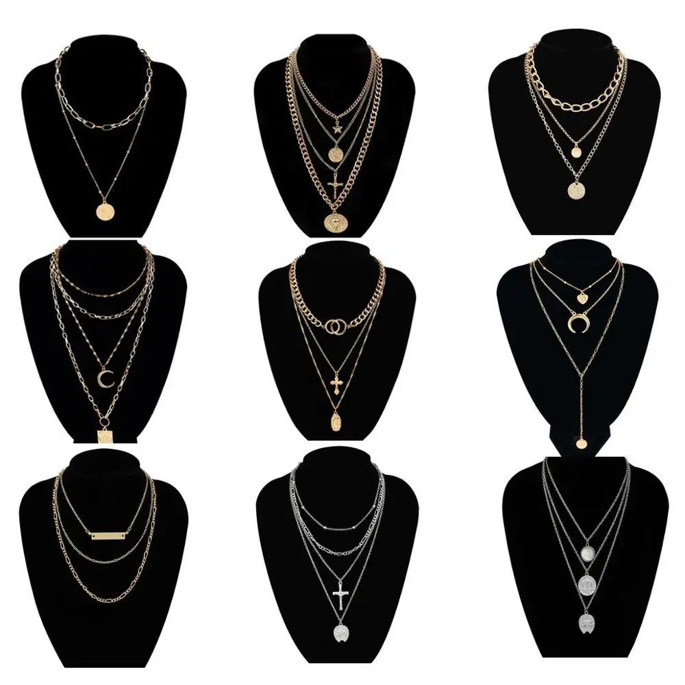 Многослойное ожерелье с кулоном в богемном стиле золотистого/серебристого цвета