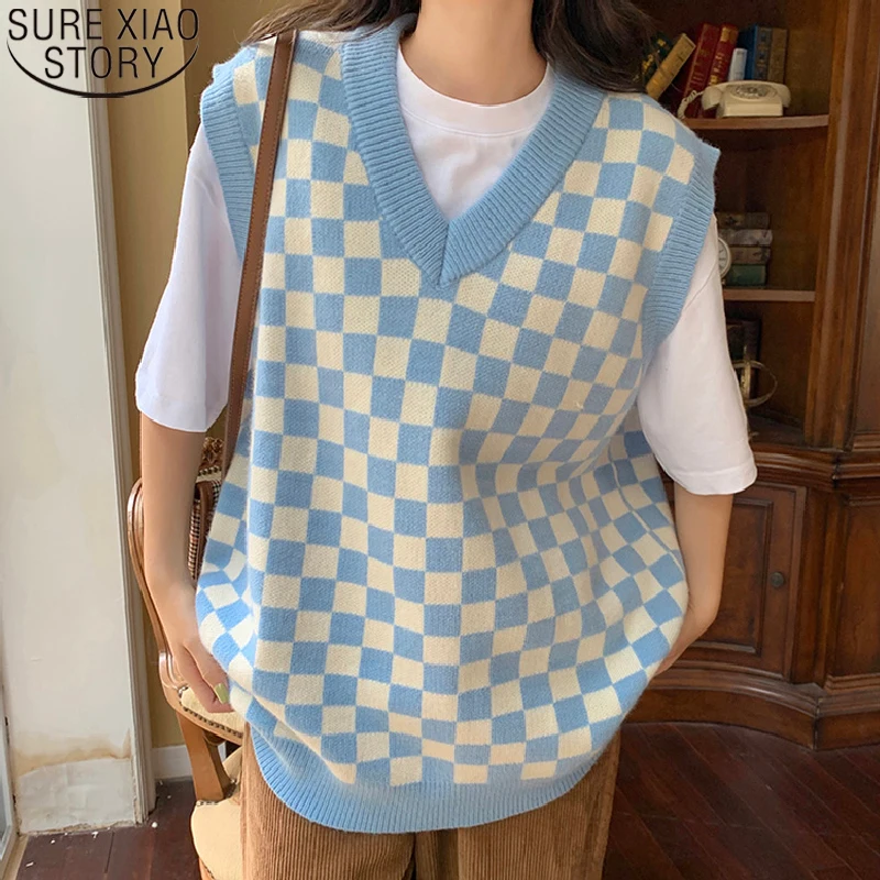 

Fashion Plaid Sweater Tops New Vintage Sweater Vest Women Waistcoat Casual Loose Autumn Winter Korean Pullover Sweaters 17719