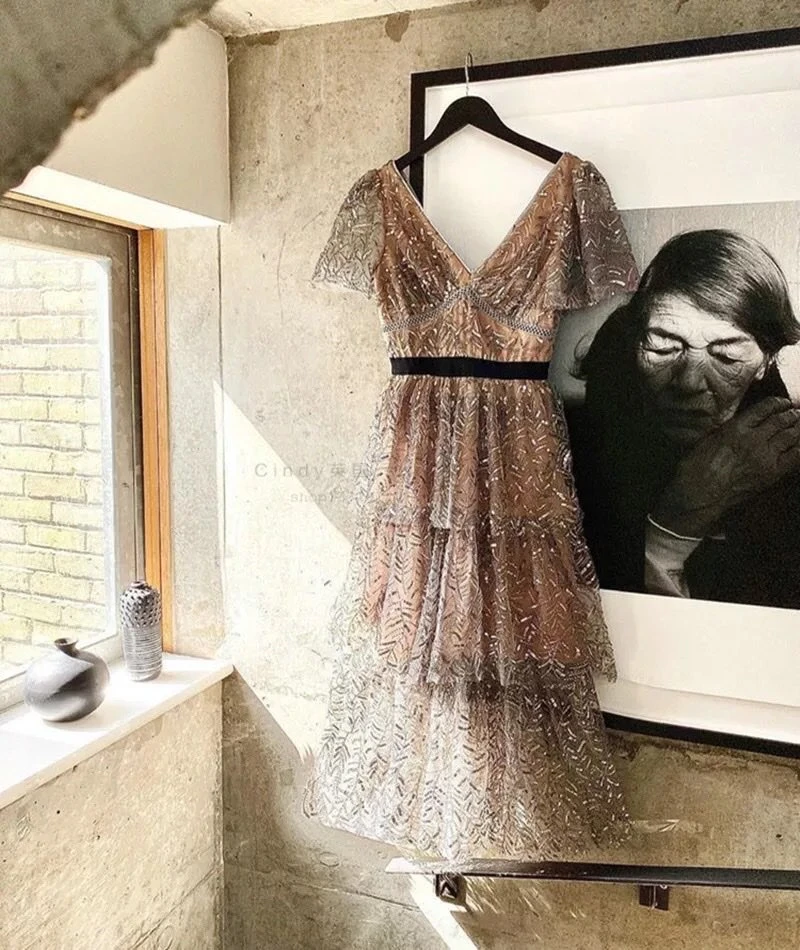 Новое поступление 2020 женское платье миди с пайетками вечернее коротким рукавом и