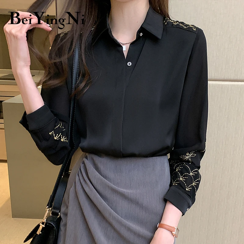 

Beiyingni Office Ladies Chiffon Shirts Female Vintage Simple Embroidered Womens Blouses Fashion Korean High Quality Shirt Femme