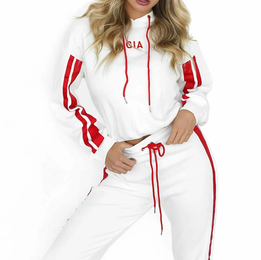 autumn two piece set Women Casual Colorblock Striped Hooded Long Sleeve Crop Tops+long Pants Running Workout Fitness Sports Suit