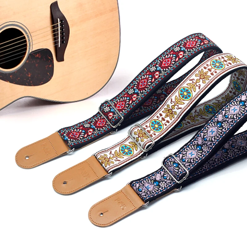 mode 3 farben vintage blumen streifen akustische elektrische gitarre strap woven stickerei stoffe leder enden strap free global shipping