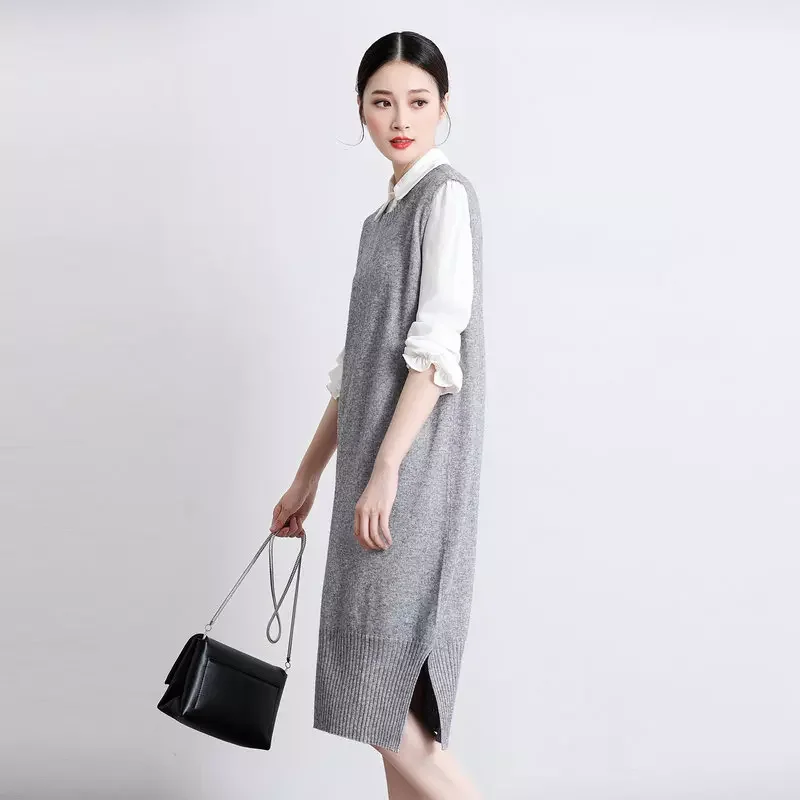 Женский Длинный свитер из кашемира и шерсти пуловер без рукавов с круглым