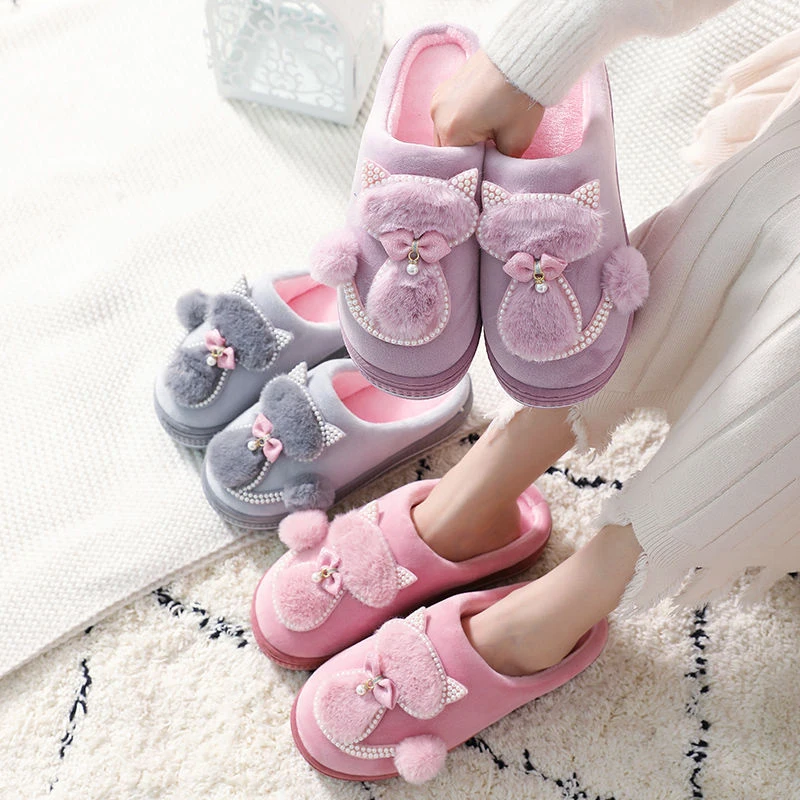 

Women Cotton slippers Cute Cat Slippers Ladies Platform Indoor Shoes For Women Winter slippers Home Slippers Female Warm Shoes