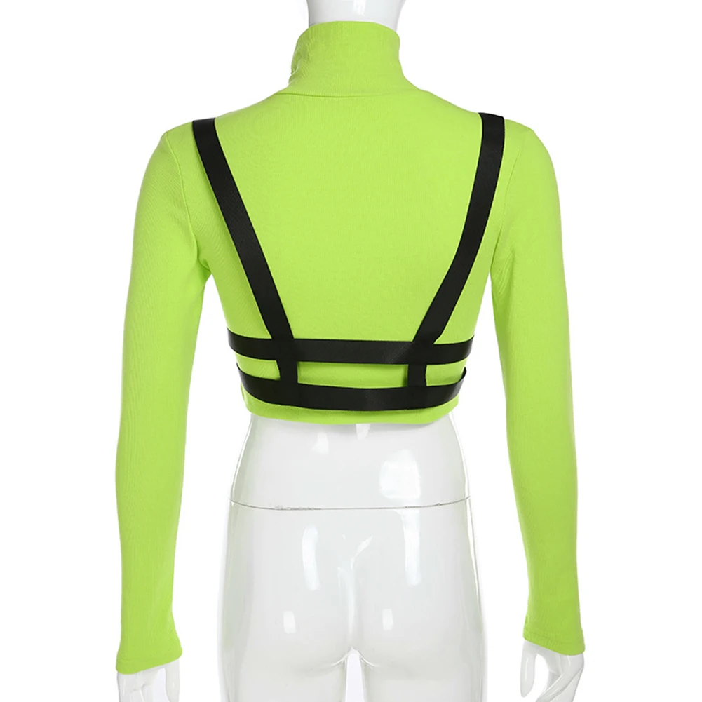 Неоново зеленая футболка для женщин с длинным рукавом укороченный топ Харадзюку