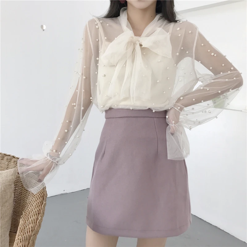 

3 Colors Spring Autumn Women Sweet Bow Fairy Chiffon Shirts Elegant V-neck Office Lady Flare Sleeve Mesh Beading Blouses Shirts