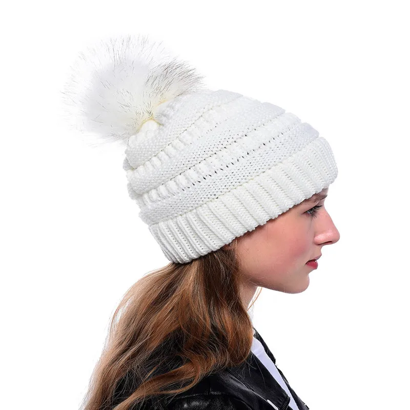 

9 Colors Women Casual Knitted Winter Thick Woolen Hats for Women Faux Fur Pompom Snow Hats Russian Ushanka