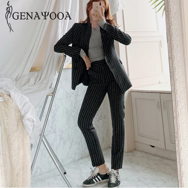 

Genayooa Vintage Autumn Winter Women Pant Suit For Ladies Two Piece Set Blazer Jacket And Pant 2019 Office Wear Striped Suits