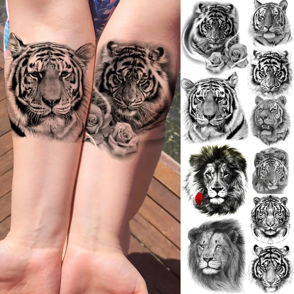 3D Black Tiger Rose Flower Temporary Tattoos For Women Adult Men Realistic Black Animal Fake Tattoo Lion Forearm Washable Tatoos