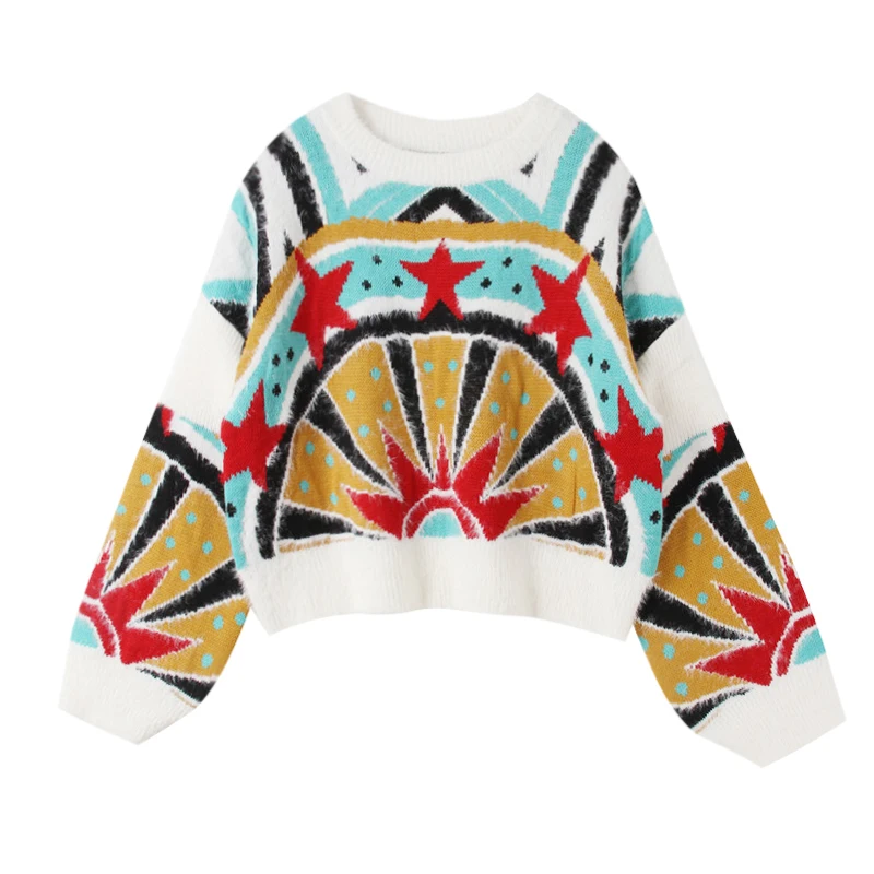 women sweater knitted pullovers long sleeve white red blue star geometric loose mohair M0032 | Женская одежда