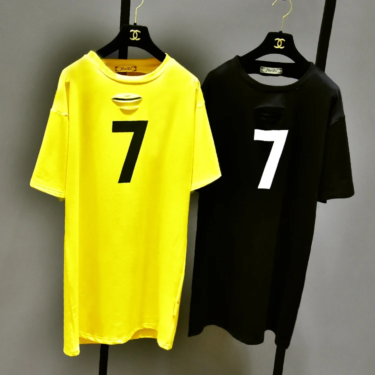 Распродажа отверстие Tumblr Blusa № 7 печатных футболки, новинка, в Корейском стиле; сезон лето Длинные свободные отверстия для женщин Повседневная футболка с рисунком для девочек Рубашка с длинными рукавами