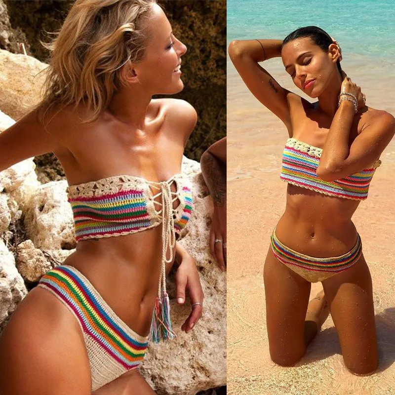 

Hand Crochet Bikini Set Beach Women Swimwear Daisy Chain Tube Top Mid-waist Stripe Swimsuit Suit