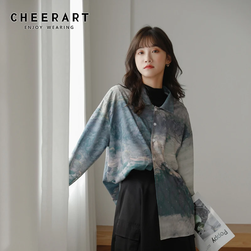 

CHEERART Gradient Hand Painted Vintage Shirt Long Sleeve Top And Blouse Button Up Collar Shirt 2021 Fashion Designer Clothes