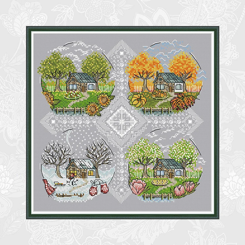 

Hut Four Seasons Counted Printed Cross Stitch Kits Sale, DMC Embroidery Needlework Set, Home Decoration Send Accessory Tools