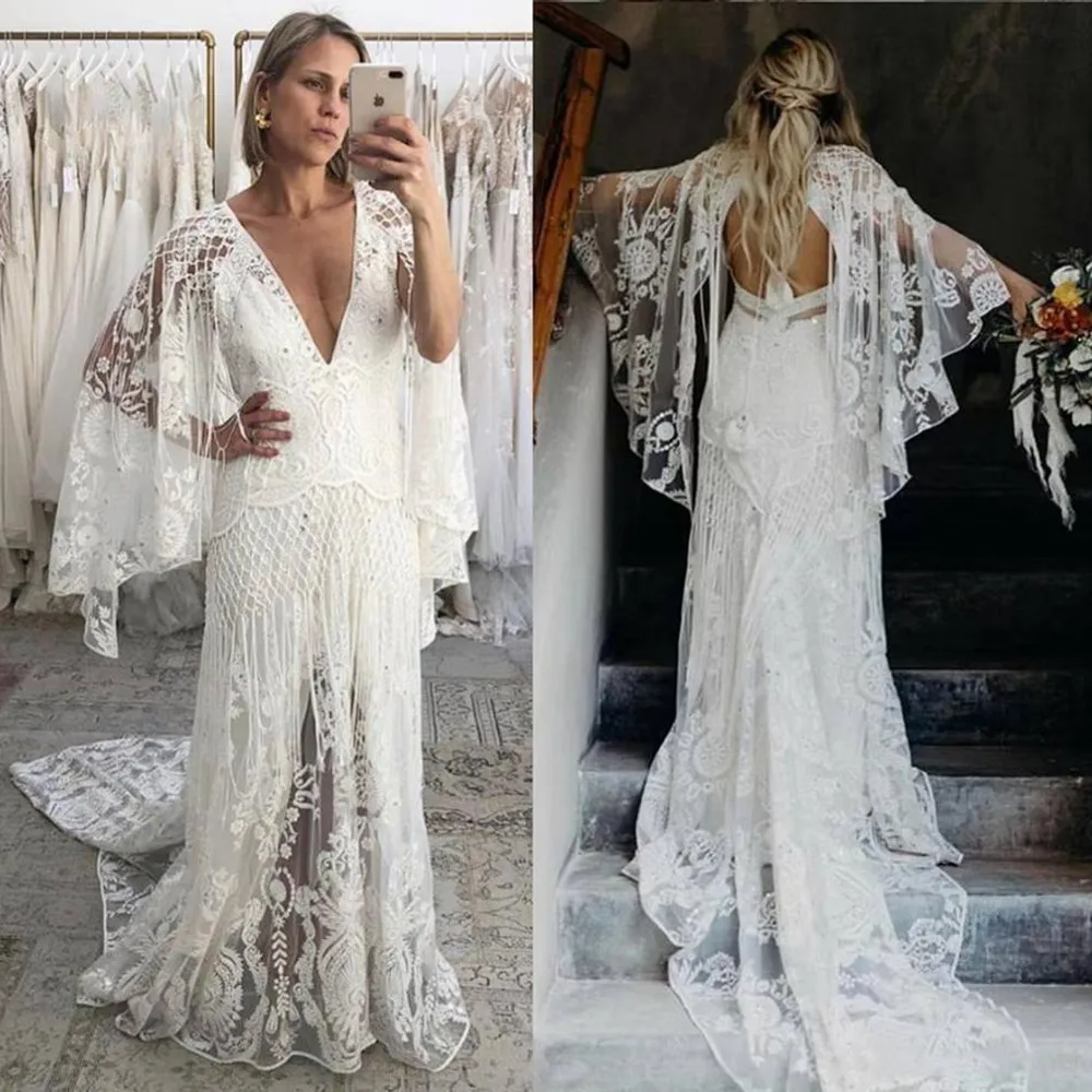 

Bohemian Lace Wedding Dresses A Line 2021 Custom Made Sexy V Neck Lace Boho Bridal Gowns Backless Long Sleeves Robes De Mariee