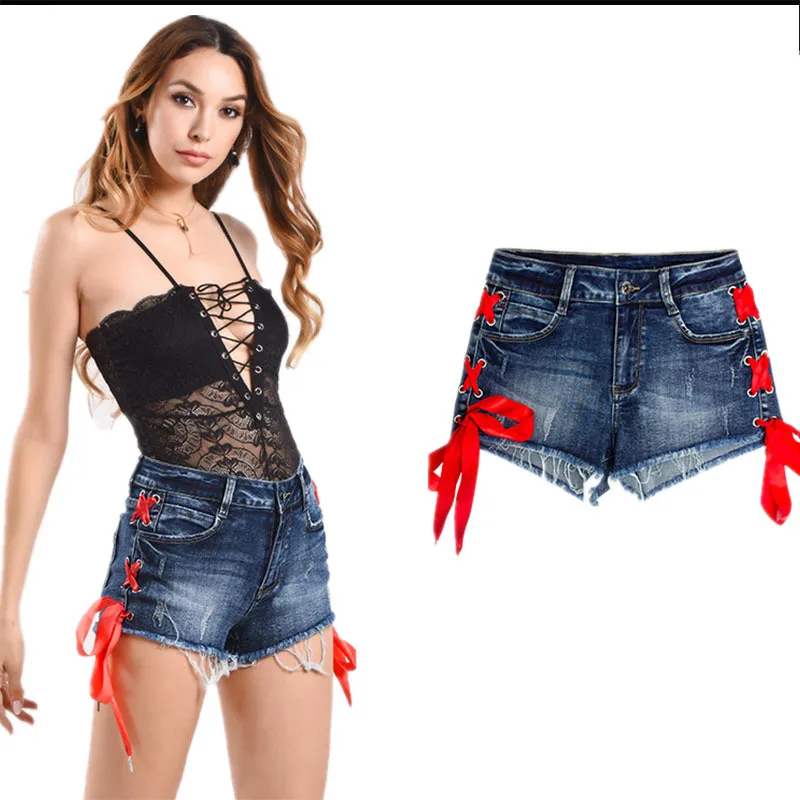 

European and American jeans women's spring new wide-leg jeans double-sided strappy hot pants high-waist denim shorts women