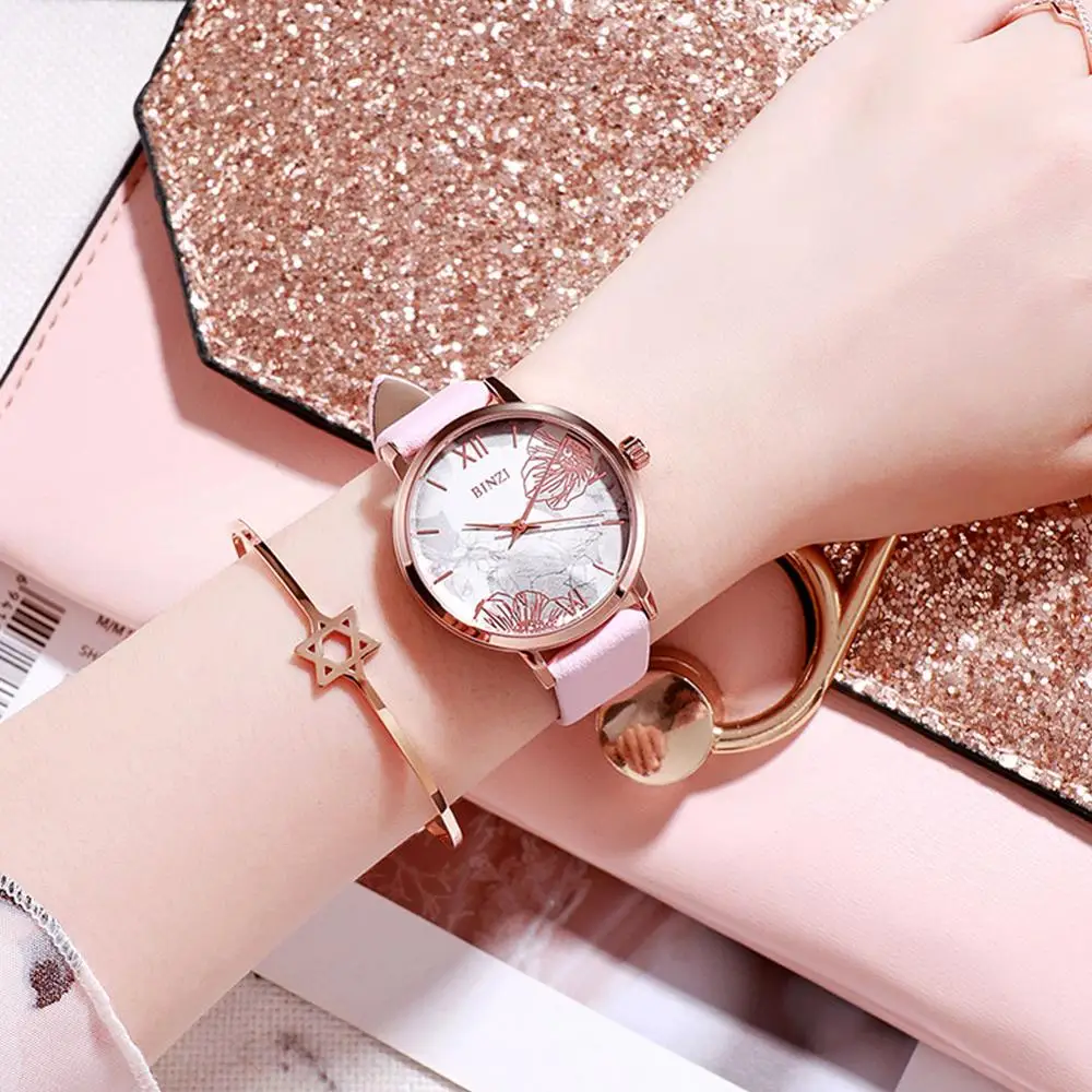 Женские наручные часы с цветами кожа розовое золото простые модные женские Reloj