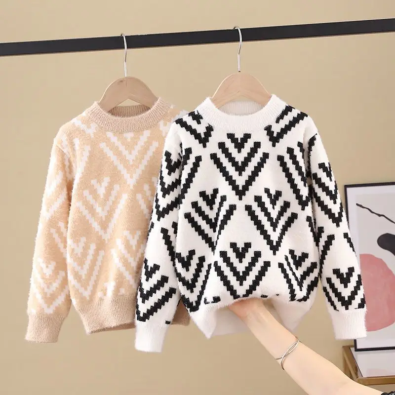 

Вязаный свитер для девочек, зимняя одежда унисекс для подростков, Детский Повседневный милый свитер с круглым вырезом, пуловер в полоску дл...