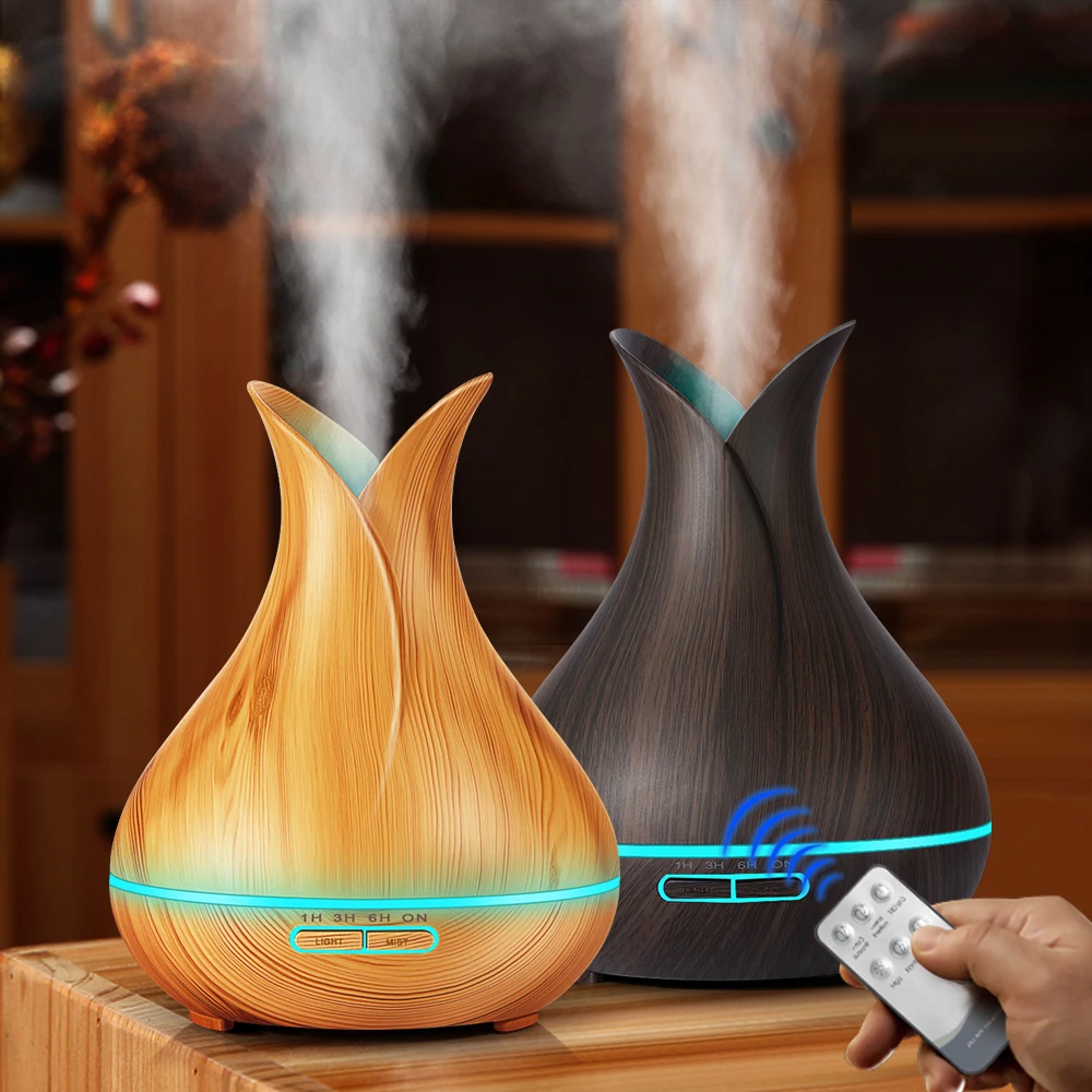 

KBAYBO Ultrasonic Air Humidifier 400ml Aroma Essential Oil Diffuser with Wood Grain 7 Color Changing LED Lights for Office Home