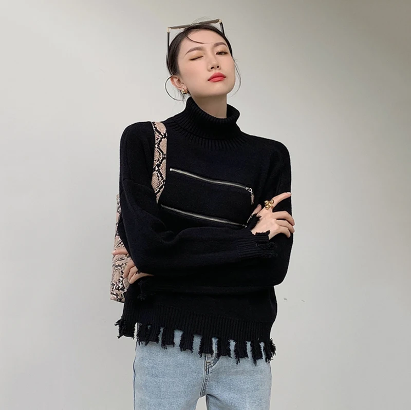 

LANMREM 2021 new black zipper slim bottoming all-match streetwear turtleneck fashion tassel short kint sweater for women 2A2230