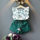 Комплект одежды для девочек, летняя рубашка с цветочным рисунком и шорты, комплект из 2 предметов с поясом на талии, Детская Базовая Повседневная хлопковая одежда, костюм, наряды