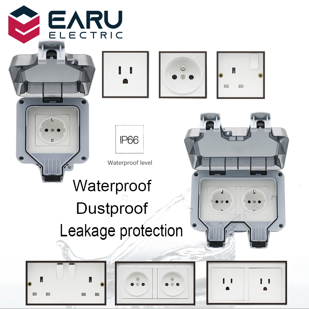 

UK US FR DE EU Standard IP66 13A 16A 250V Weatherproof Waterproof Outdoor Wall Power Socket Box Electrical Outlet Charging Pile