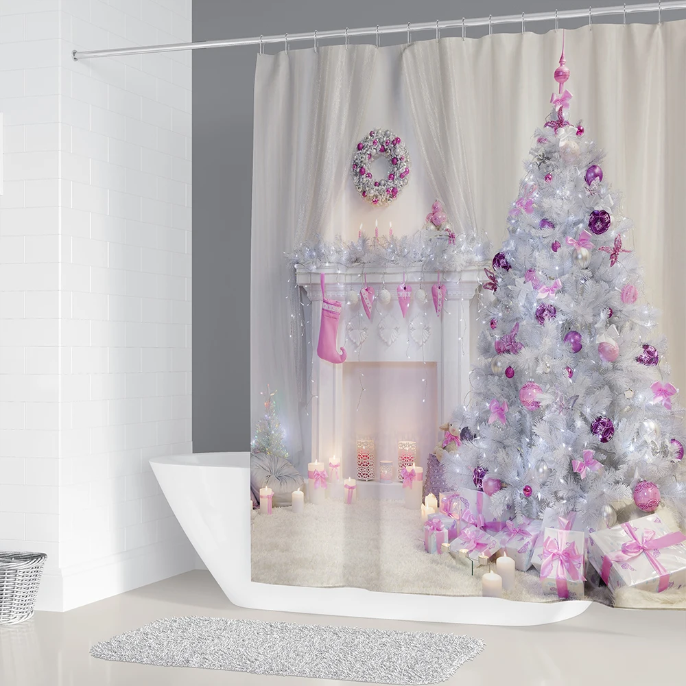 Рождественский набор для ванной БЕЛЫЙ камин душевая занавеска и ковер