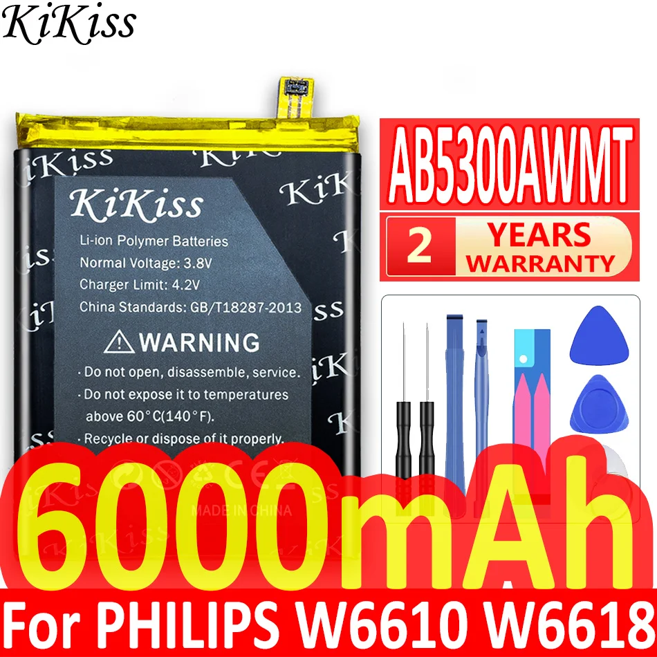 

KiKiss Large Capacity 6000mAh Mobile Phone Battery For PHILIPS W6610 W6618 Lithium Polymer Rechargeable Batteries AB5300AWMT