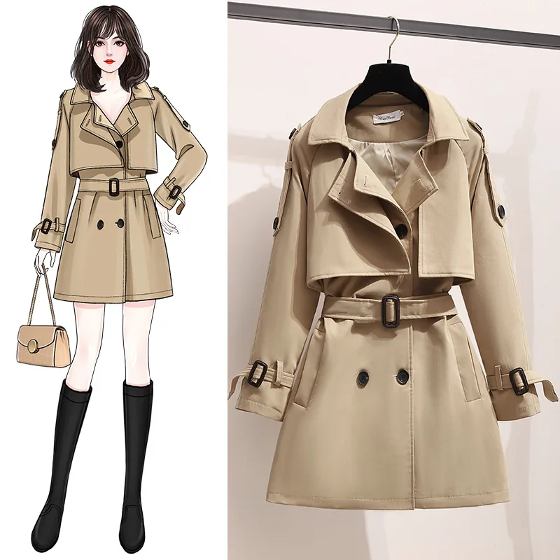 

2021 Spring Autumn Elegant Women Casual Turn-down Collar Double Breasted Khaki Black Long Slim Trench Coat With Belt S083