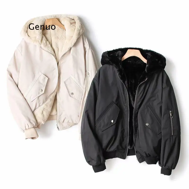 Autumn and Winter European and American Women's Double-Sided Flying Jacket Jacket Thickening Plus Fleece Jacket Cotton